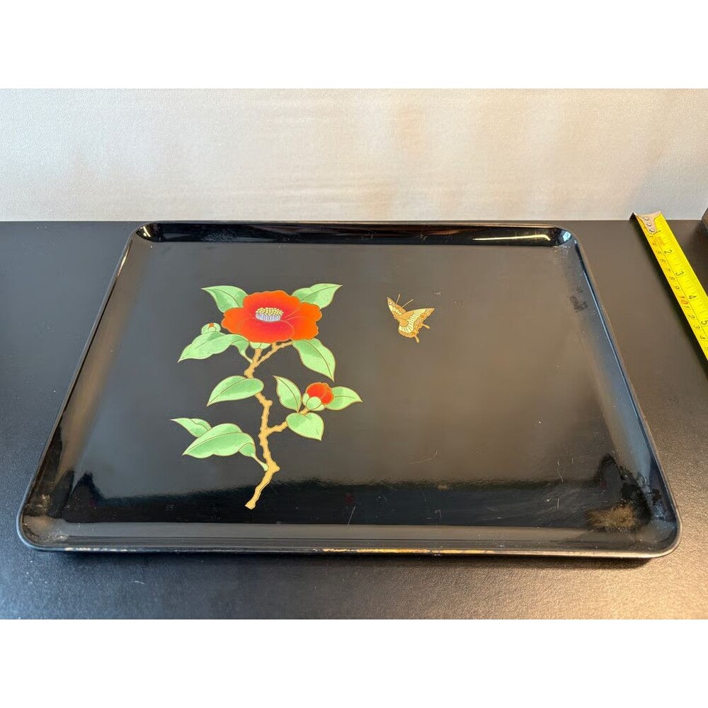 Otagiri Japan Black Lacquer Tray Camellia Bee Hand Painted Serving Tray